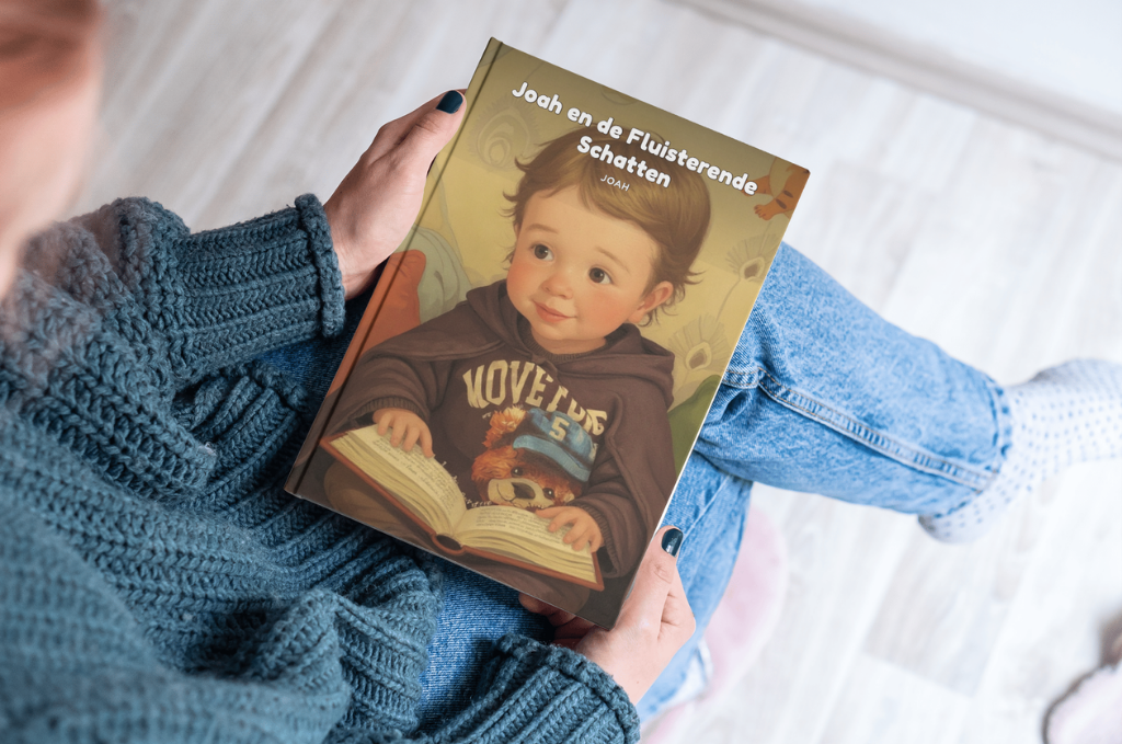 Een persoonlijk kinderboek dat als kraamcadeau wordt vastgehouden