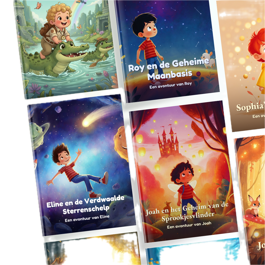 Meerdere kleurrijke gepersonaliseerde kinderboeken als verjaardagscadeau