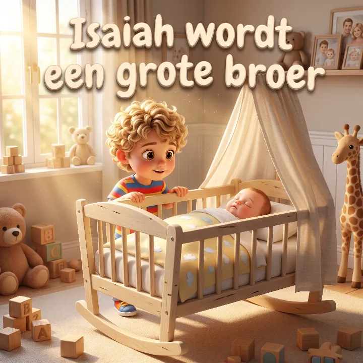 Omslag van een persoonlijk kinderboek waarin een grote broer bij de wieg van de pasgeboren baby staat