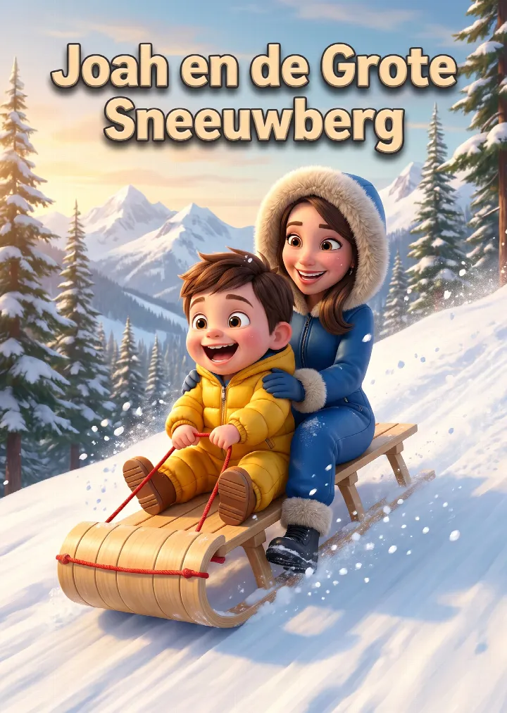 Omslag van een persoonlijk kinderboek waarin een kind samen met een familielid van de sneeuwberg sleet