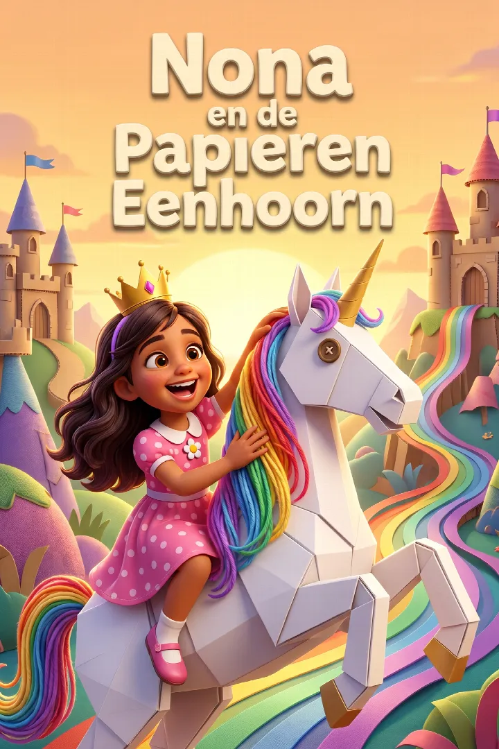 Omslag van een persoonlijk kinderboek waarin een meisje met kroon als heldin op een eenhoorn rijdt